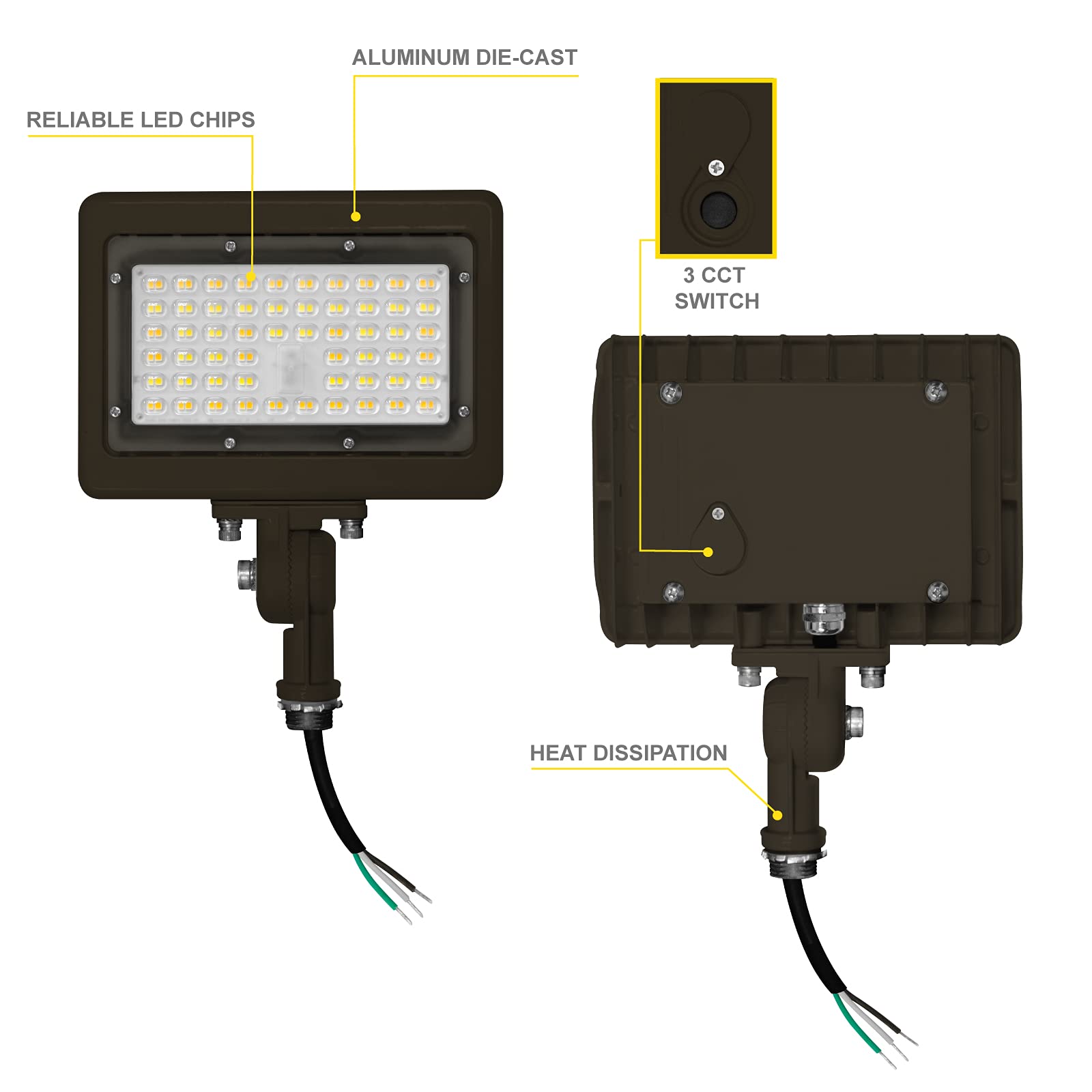 Nuwatt 50W Led Flood Light, 3Cct 3000K/4000K/5000K Selectable, Ip65 Waterproof Lighting, Adjustable Knuckle Mount, 7050Lm, 0-10V Dimmable, 120-277V, Outdoor Security Floodlight For Yard, Bronze, Ul