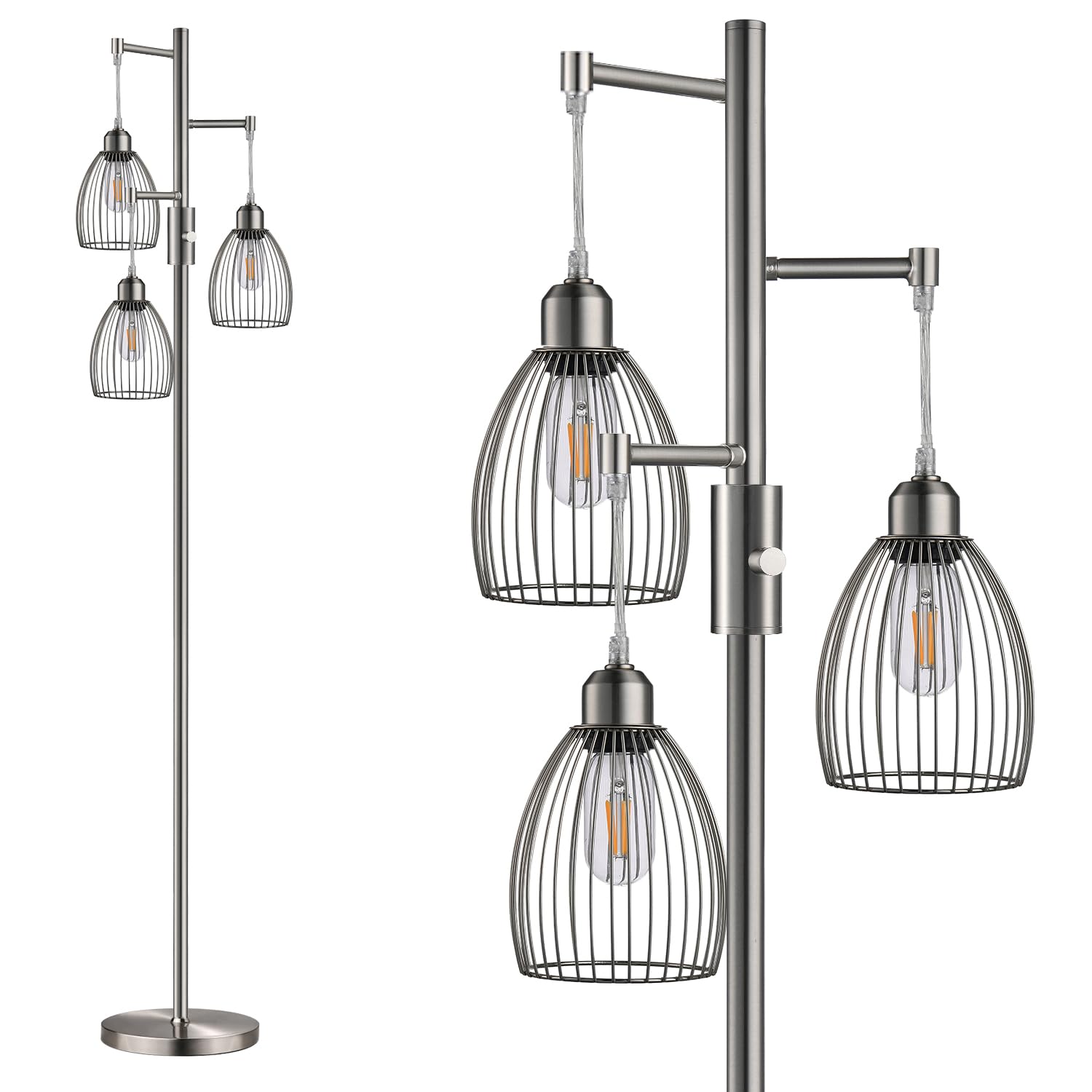 Dimmable Floor Lamp, Industrial Floor Lamps for Living Room, Brushed Nickel Tree Lamp Standing Lamp Tall Lamps with 3 Elegant Te