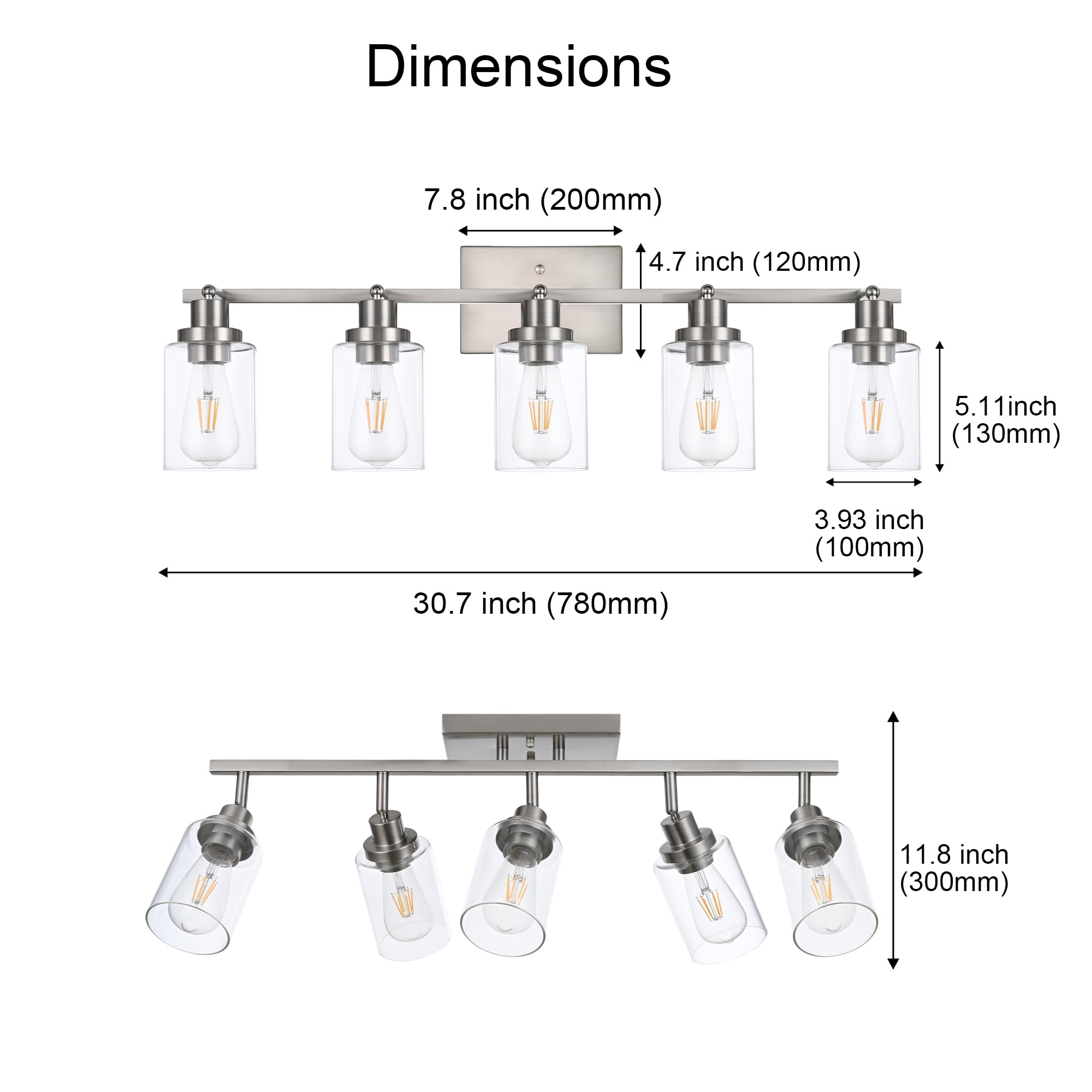 Wanluce 5 Light Track Lighting Kit Brushed Nickel Kitchen Track Lighting Fixtures Ceiling Mount Bathroom Vanity Wall Scones Light Fixture With Clear Glass  Rotatable Spotlight For Kitchen Shop Hallway