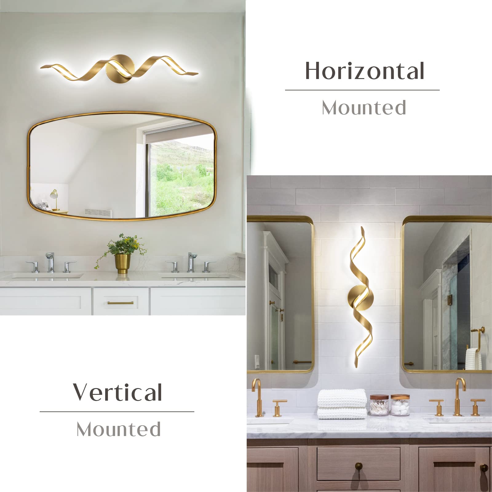 Huoku 24" Dimmable Gold Led Bathroom Light, Spiral Design Vanity Fixture, 15W Cold White 6000K