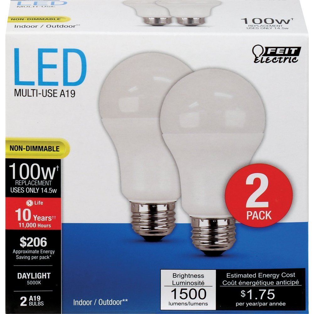 Feit Electric A19 Led Light Bulbs, 100W Equivalent, Non Dimmable, 1600 Lumens, E26 Standard Base, 5000K Daylight, 80 Cri, 10 Year Lifetime, Energy Efficient, 2 Pack, A1600/850/10Kled/2