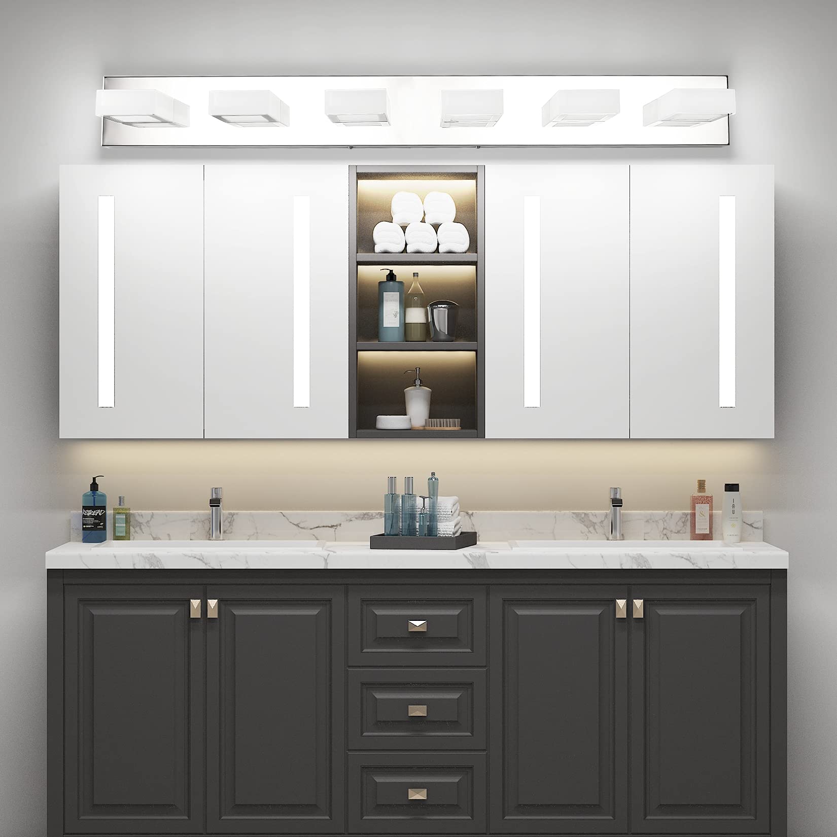 Ralbay Led Modern Chrome Vanity Lights 6 Lights Stainless Steel Acrylic Modern Led Bathroom Vanity Lights Over Mirror (4500K Neu