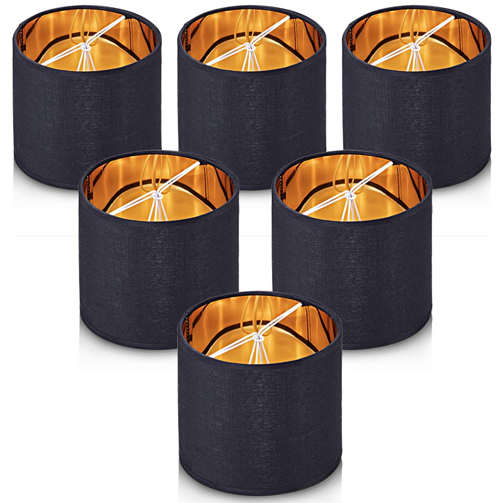 Wellmet Small Drum Lamp Shades Set of 6, 5.5inx5.5inx5in, Clip-on for Candle Bulbs, Black Gold, Fabric, Model LP-CYL-Black-G