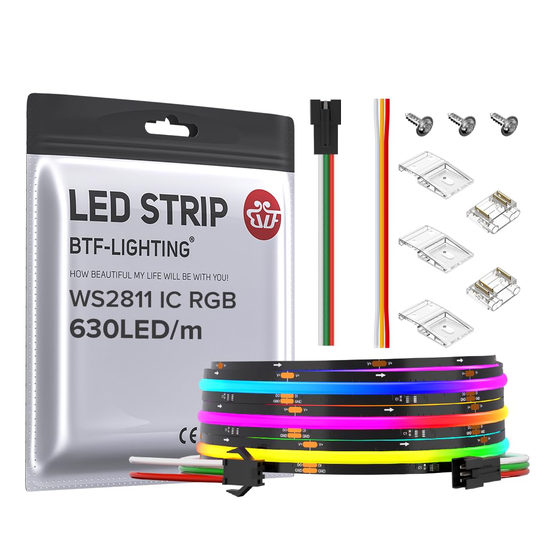 BTF-LIGHTING FCOB WS2811 IC RGB COB LED Strip 9.8FT DC24V 630LED/m Flexible High Density Uniform Chasing Color Light 14IC/m 10mm