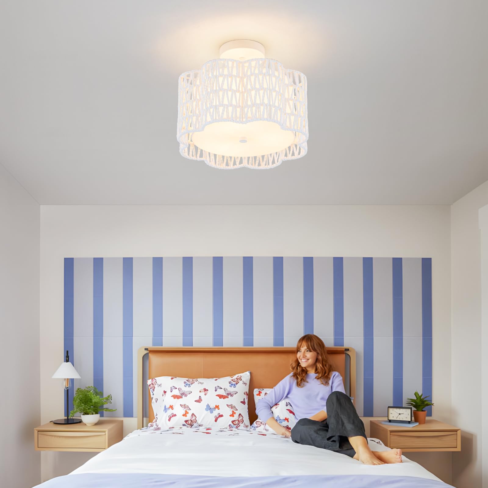 Tbaoinla Bedroom Light Fixture | Boho Ceiling Light With White Plum Blossom Design - Rattan Flush Mount Chandelier For Home Deco