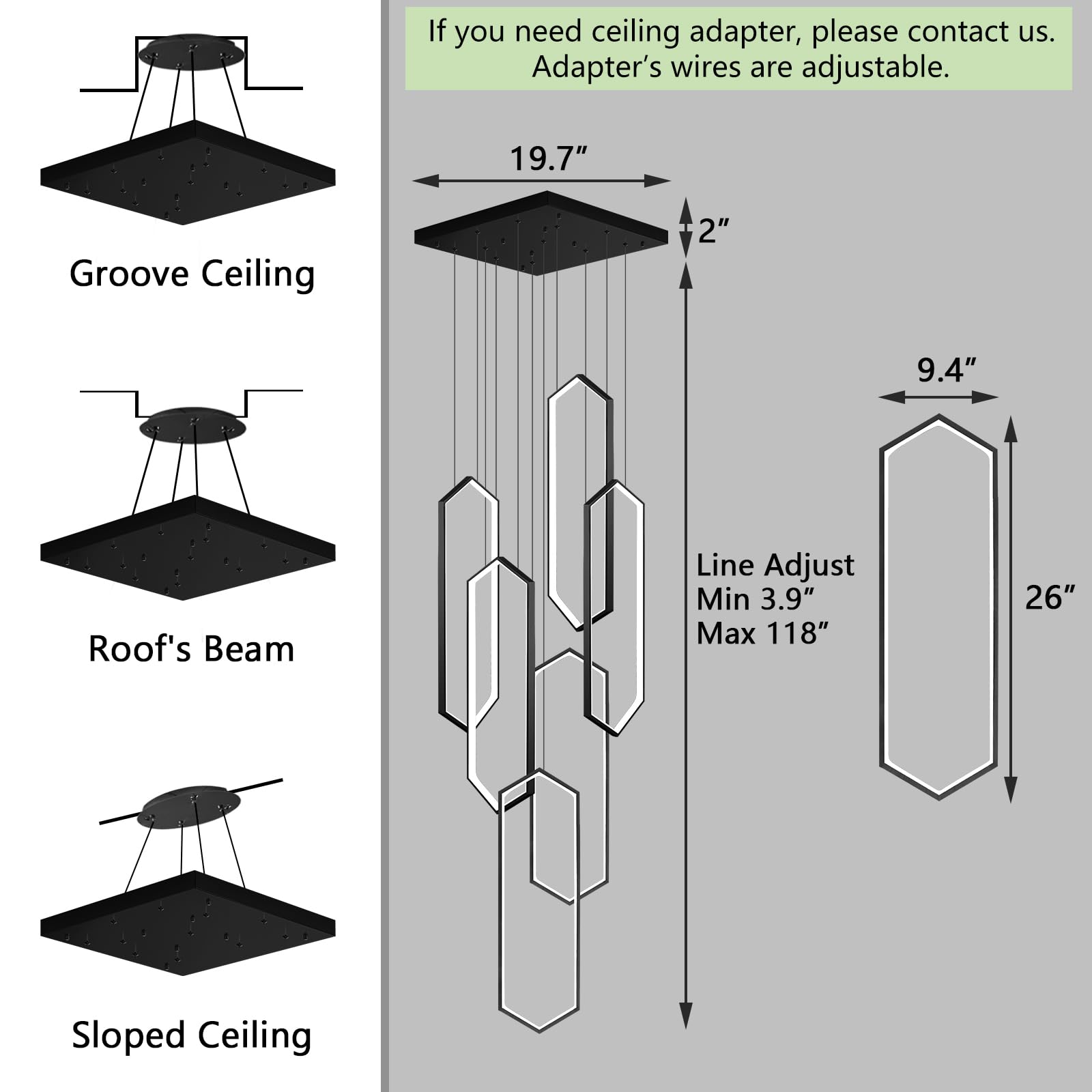 dolria 6-Rings Chandelier, Black LED Light, Dimmable Flush Mount, 26in x 9.4in x 118in, Modern Design for Living Room and Villa F
