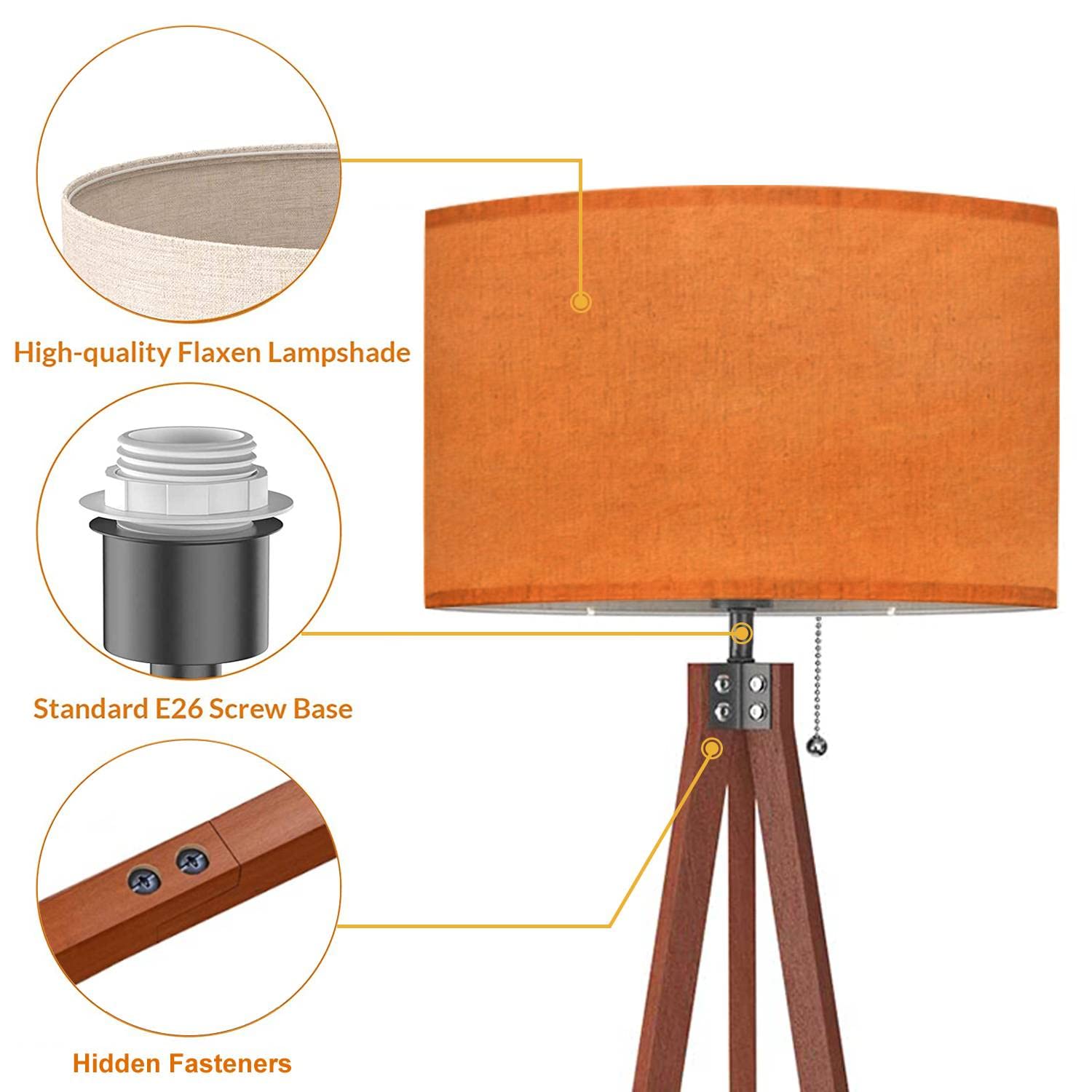Baistsaeler Wood Tripod Floor Lamp Golden Orange Colored Blurred Modern Standing Lamp Linen Lampshade Dimmable Tall Lamp Mid Cen