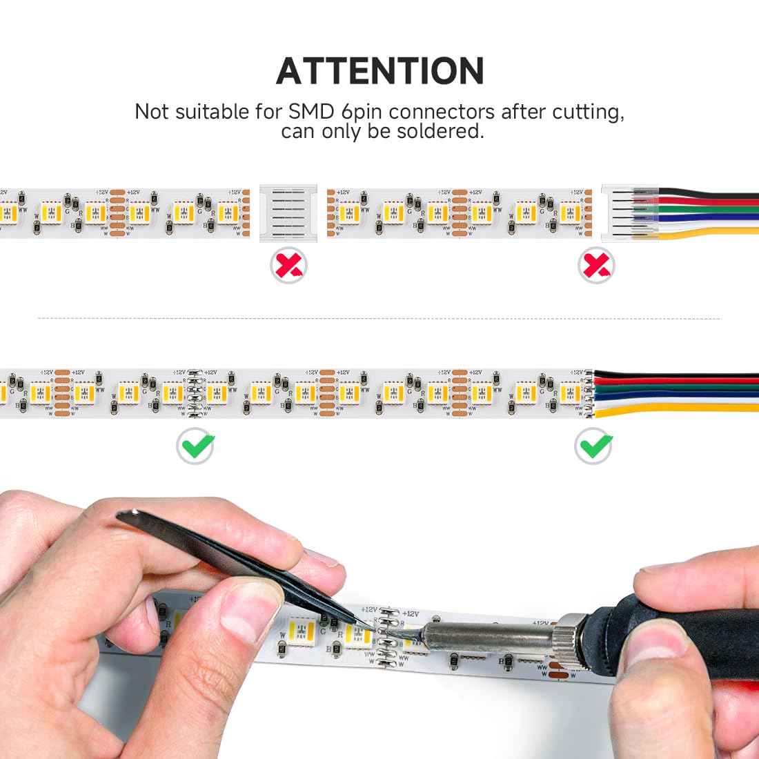 BTF-LIGHTING RGBCCT LED Tape Lights 16.4ft 5050SMD 480LED Dimmable 2700K-6500K White PCB IP30 DC12