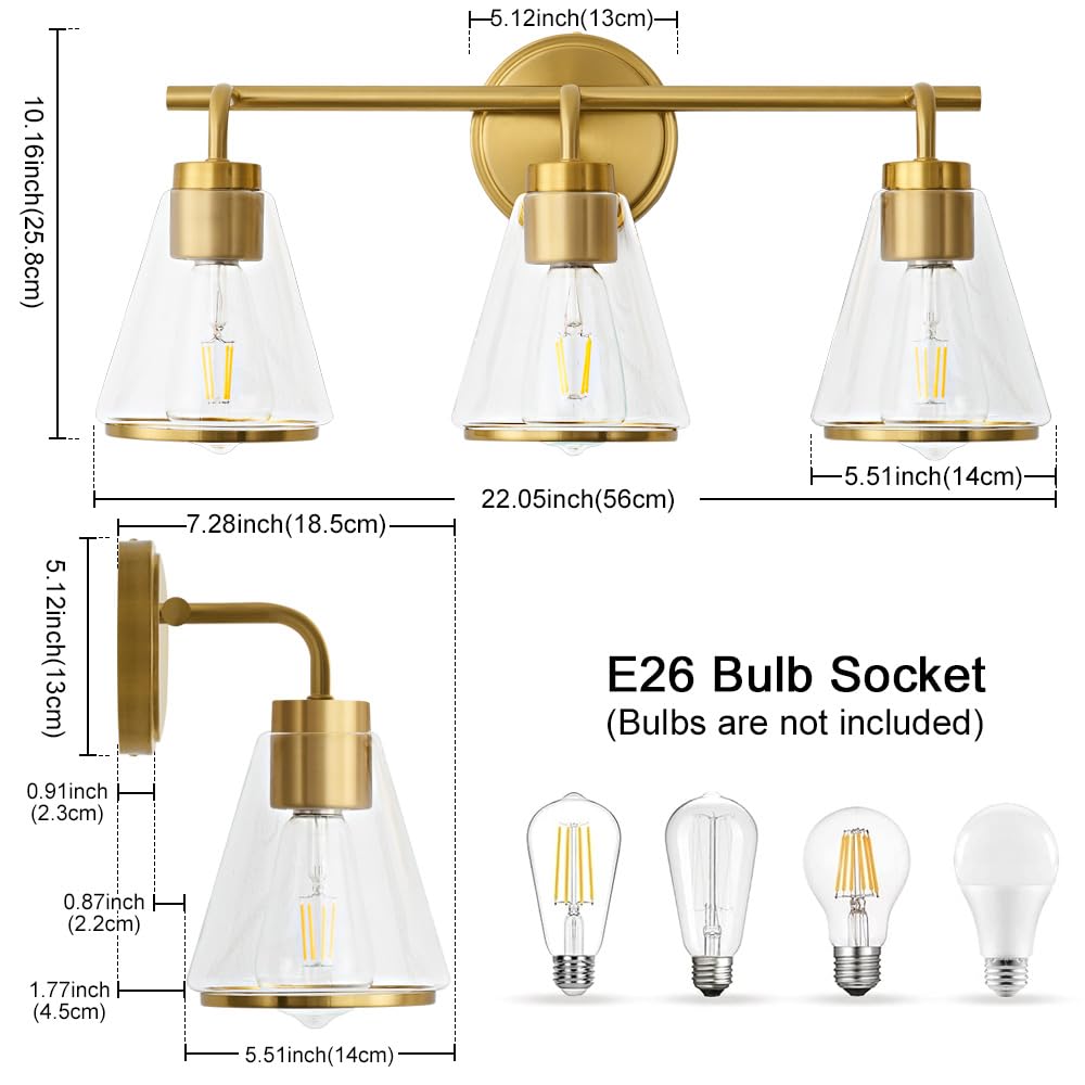 Nadosa Gold Vanity Light Bathroom Light Fixtures Over Mirror 3 Lights Bathroom Vanity Lights With Clear Glass Shade 22 Inch Modern Wall Sconce Bathroom Lights For Bath