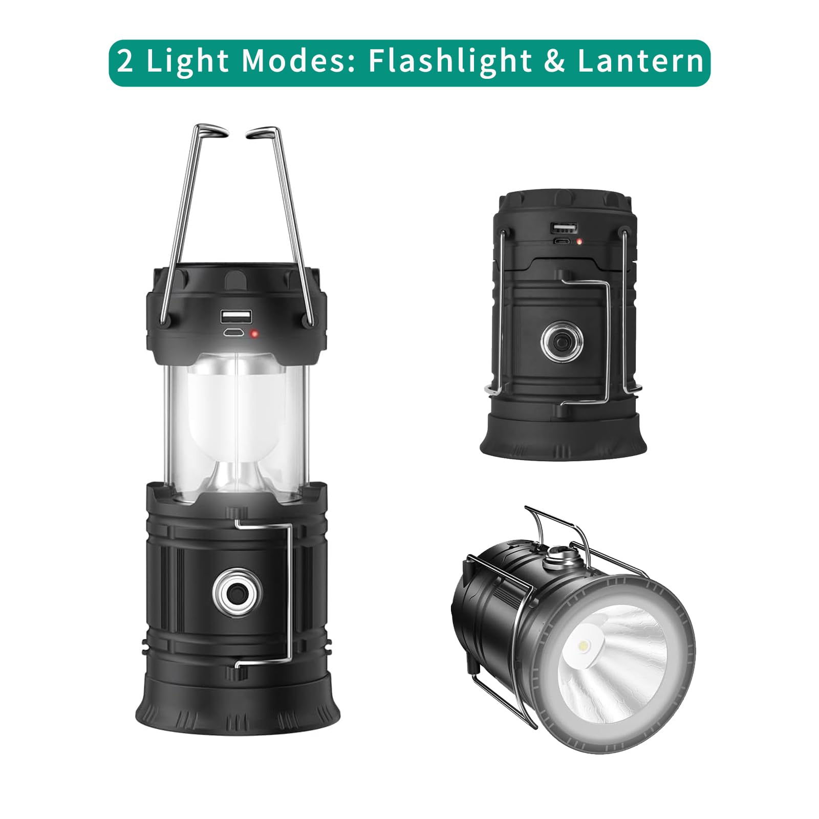 Censinda Led Camping Lantern - Solar Rechargeable, Portable Light For Camping, Hiking, Emergencies - Black
