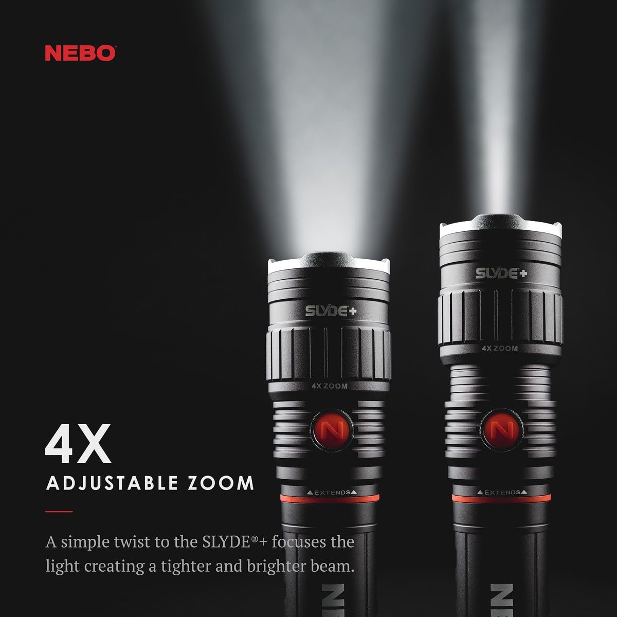 NEBO SLYDE+ Tactical LED Flashlight, 400-Lumen, Aluminum, Red, Model NEB-WLT-0006, with Magnetic Base & Slide-To-Reveal Work Light