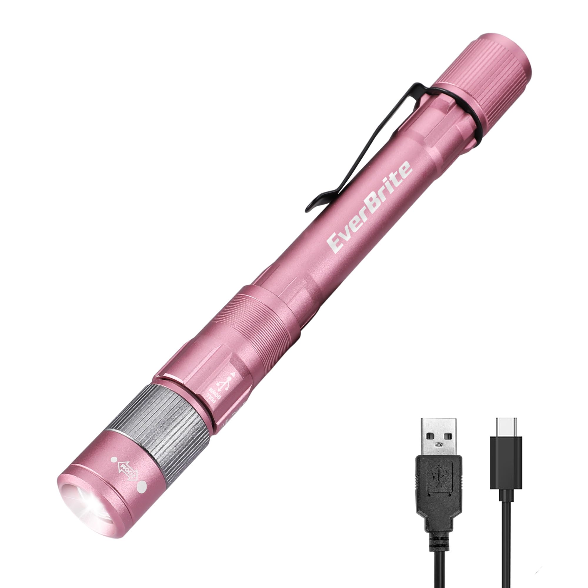 Everbrite Pen Light  Rechargeable Pen Flashlights  300 Lumens Zoomable Led Small Flashlight With Clip  Memory Function  Usb-C Cable Included  Pocket Size For Camping  Emergency  Mechanic  Pink