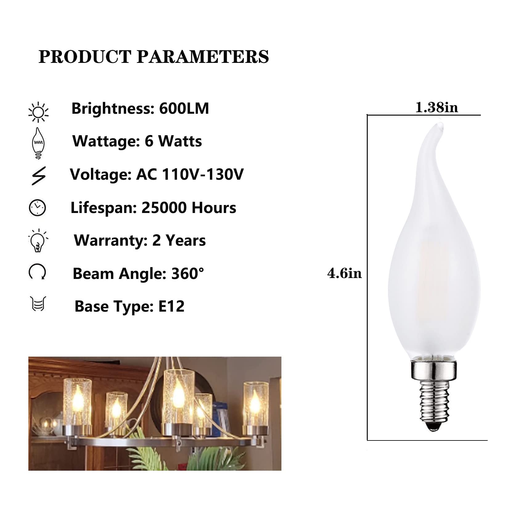 Frosted Led Candelabra Bulbs 60 Watt Flame Tip Chandelier Light Bulb, 6W Smooth Dimmable 3000K Soft White Frosted Glass With E12