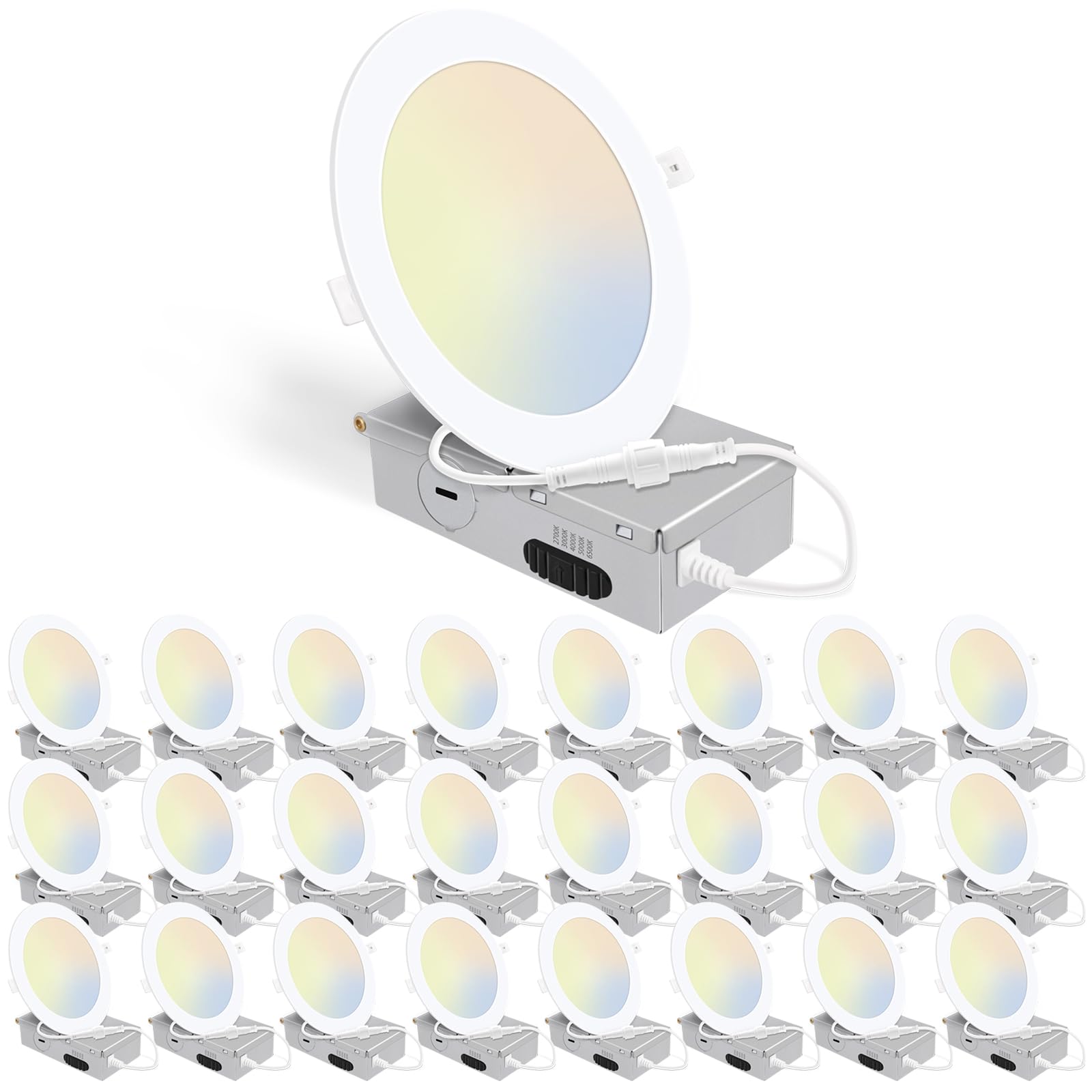 24 Pack 6 Inch 5CCT Ultra-Thin LED Recessed Ceiling Light with Junction Box, 2700K/3000K/4000K/5000K/6500K Selectable, 1050LM Br