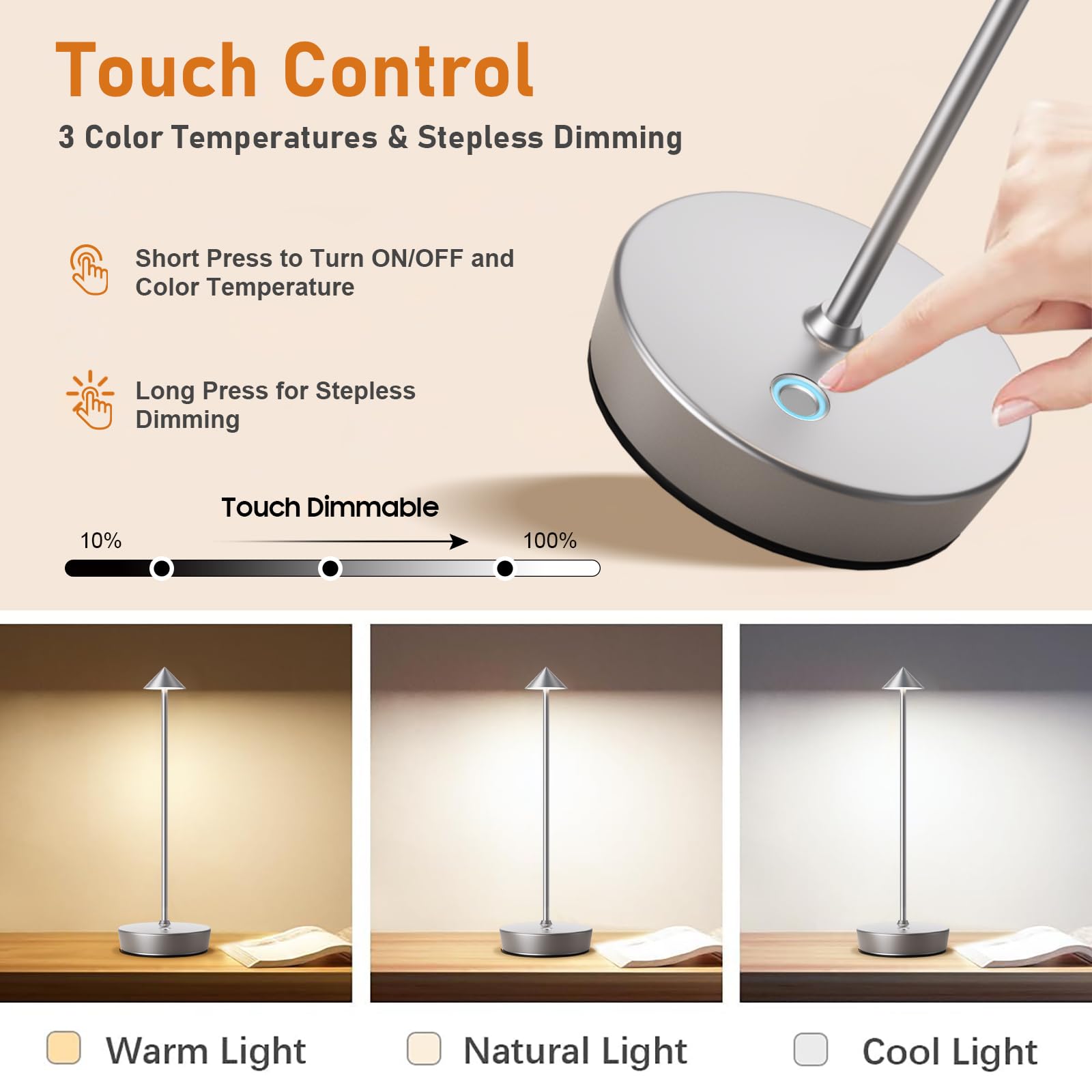 Tpczqj Rechargeable Cordless Table Lamp Set of 2, 6000mAh LED, Touch 3 Color Dimming, 13in H x 4in W x