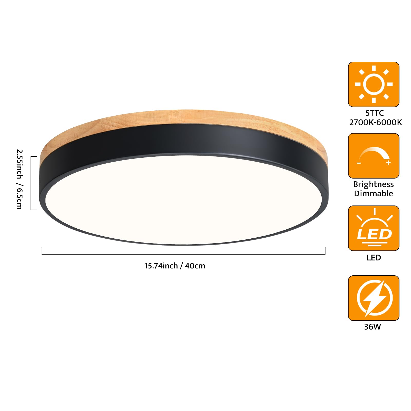 Yiisem Dimmable Wood Led Flush Mount Ceiling Light, 5Cct 2700K-6000K Modern Black Close To Ceiling Lighting Fixtures, Minimalist