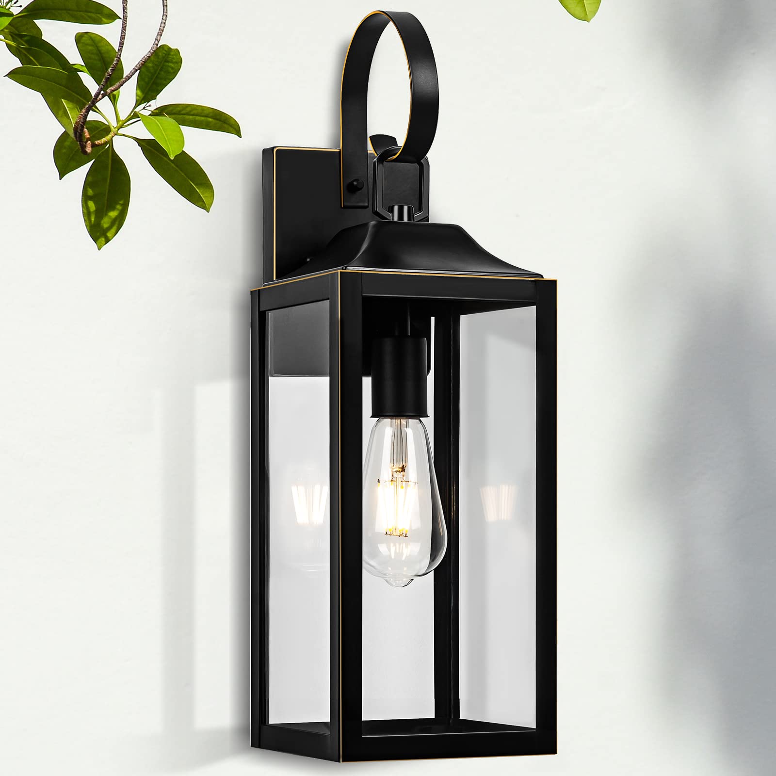 Yolsunes Black Outdoor Wall Light, 19&quot; Farmhouse Sconce, Waterproof Metal Lantern With Gold Trim