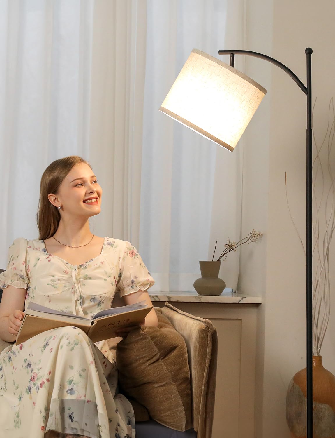 Ambimall 60&quot; Adjustable Floor Lamp With 3 Color Temperatures & Linen Shade - Beige & Black