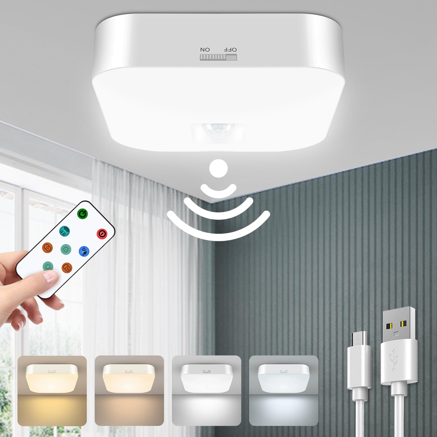WhitePoplar Motion Sensor Rechargeable Ceiling Light Indoor with Remote, Wireless Battery Operated Rechargeable Sensor Light for