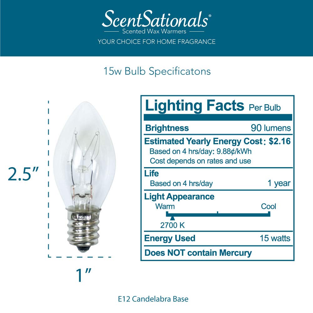 Scentsationals Wax Warmer Light Bulb Replacement - 15 Watt, C7 Style, Clear, 2 Count, Model 010-77001