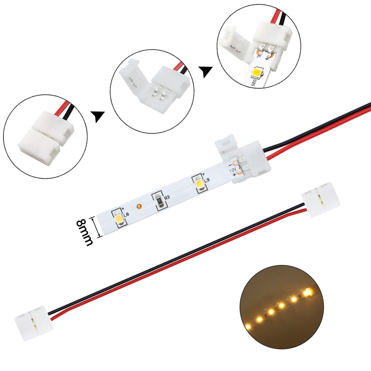 Lightingwill 10Pcs/Pack Strip To Strip With Wire Solderless Snap Down 2Pin Conductor Led Strip Connector For 8Mm Wide 3528 2835