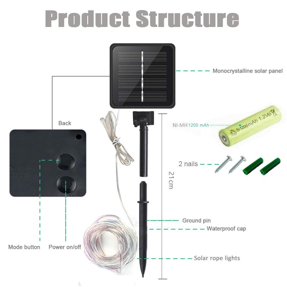 KUshopfast Solar Rope Lights, 66ft, 200 LED, 8 Modes, Waterproof, Multicolor, Model FTY0038, Outdoor Indoor Decoration