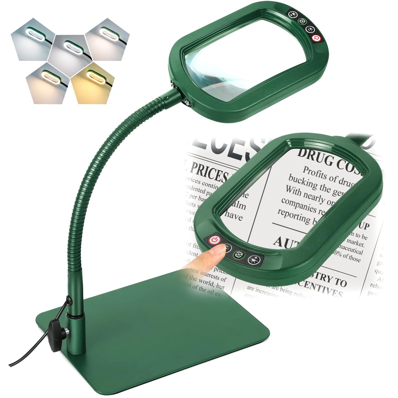 Veemagni 10X Rectangle Magnifying Glass, LED Lighted Desk Lamp, Flexible Gooseneck, Green, Model GE602