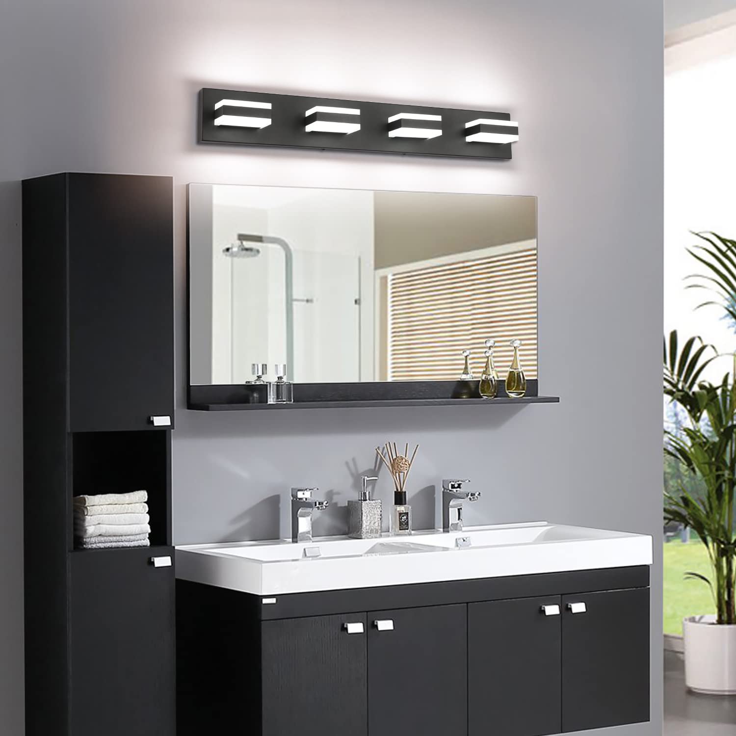 SOLFART 4-Light Dimmable Bathroom Vanity Light Fixture, Matt Black Metal with Acrylic, Model S8568-4T-6000K
