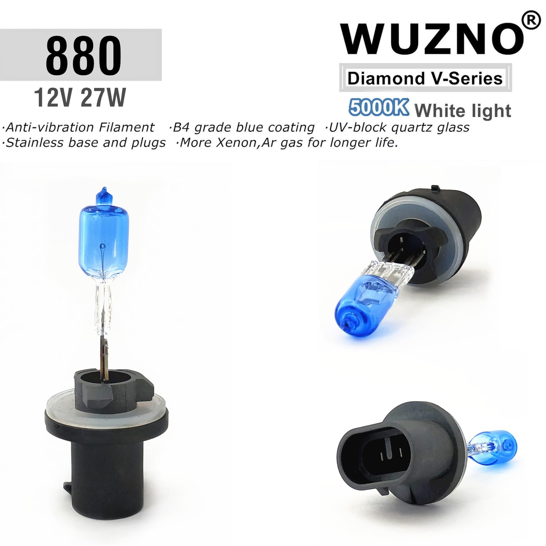 Wuzno 880 Halogen Headlight Bulb Super Bright 12V 35W 5000K Glass 2-Pack