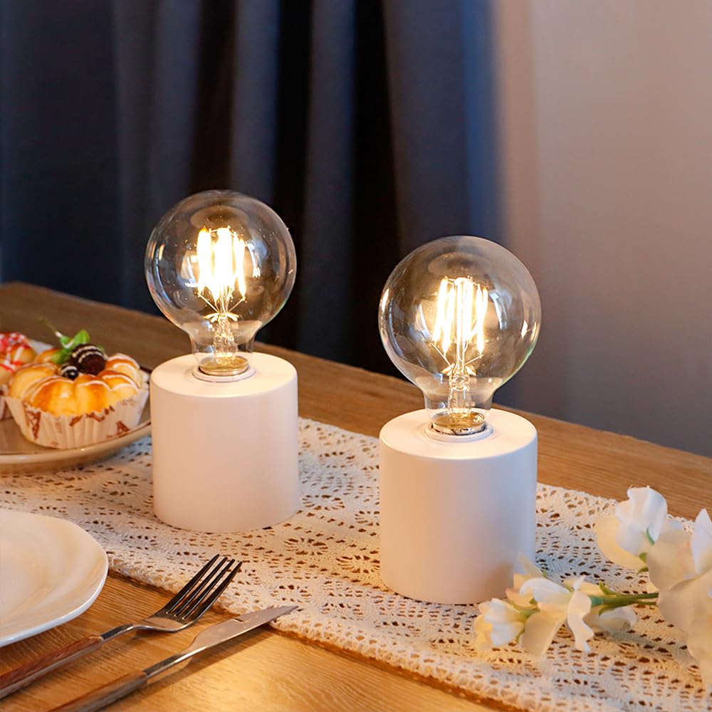 Jhy Design Set Of 2 White Table Lamp Battery Powered 7 Tall Cordless Lamp Light With Edison Style Bulb Battery Operated Great Fo