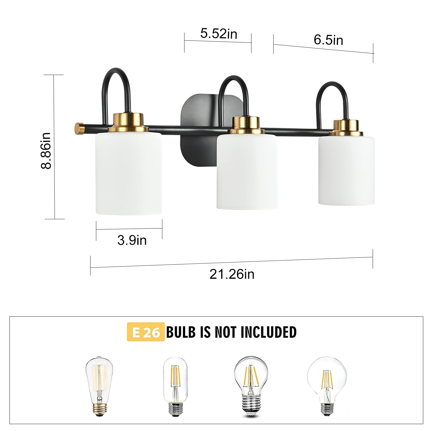 Zhuoer Mid Century Modern Matte Black And Gold 3 Lights Milky Glass Wall Light Fixture For Bathroom Modern Bathroom Vanity Light