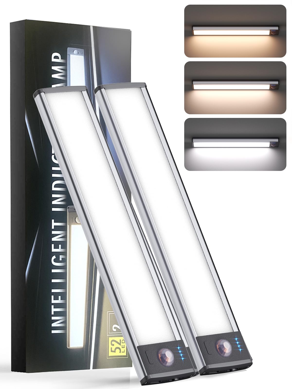 Yiger Under Cabinet Lighting 2 Pack - Rechargeable 52 Led Motion Sensor Dimmable Wireless Lights