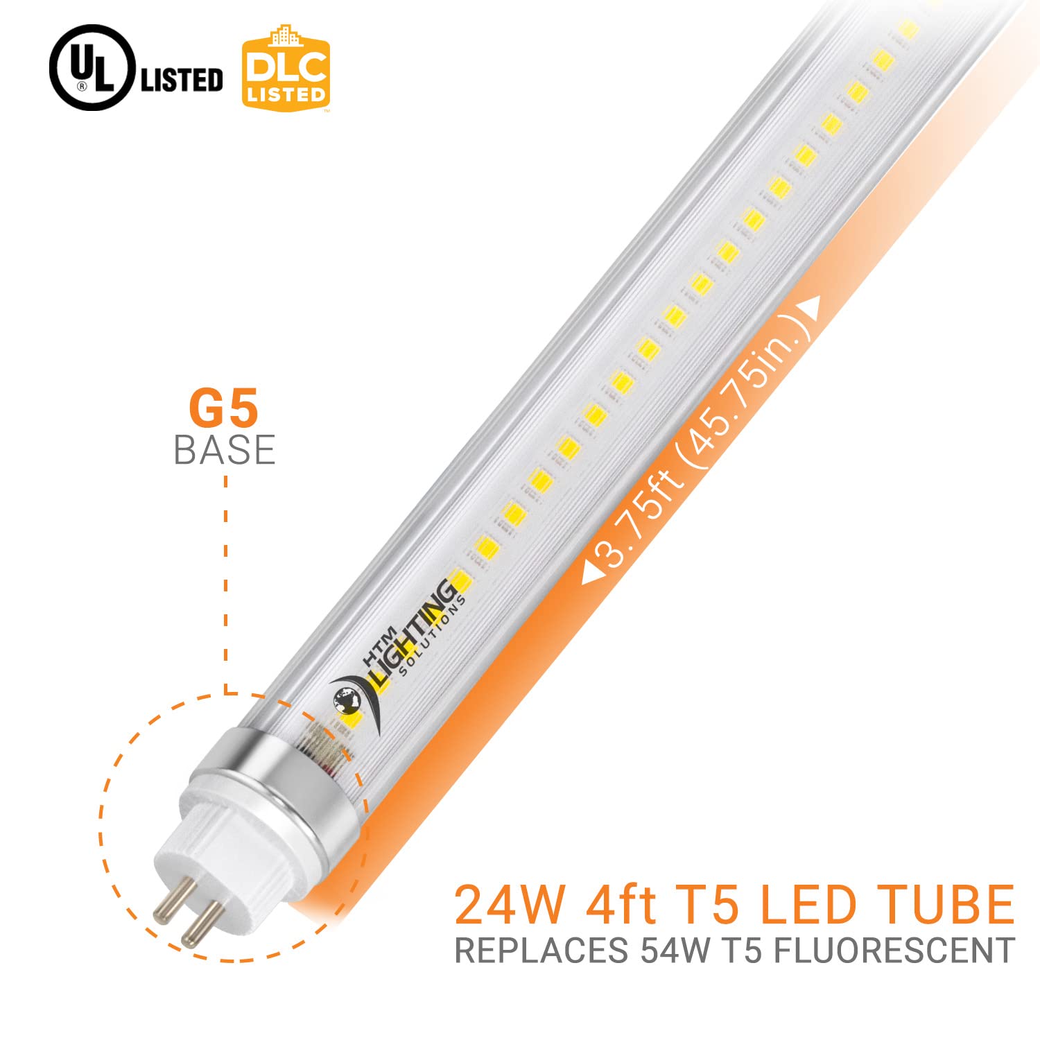 HTM LIGHTING SOLUTIONS 4ft T5 High Output LED Tube Light 24W 4000K Clear Lens G5 Mini Base Dual-End Powered 4-Pack