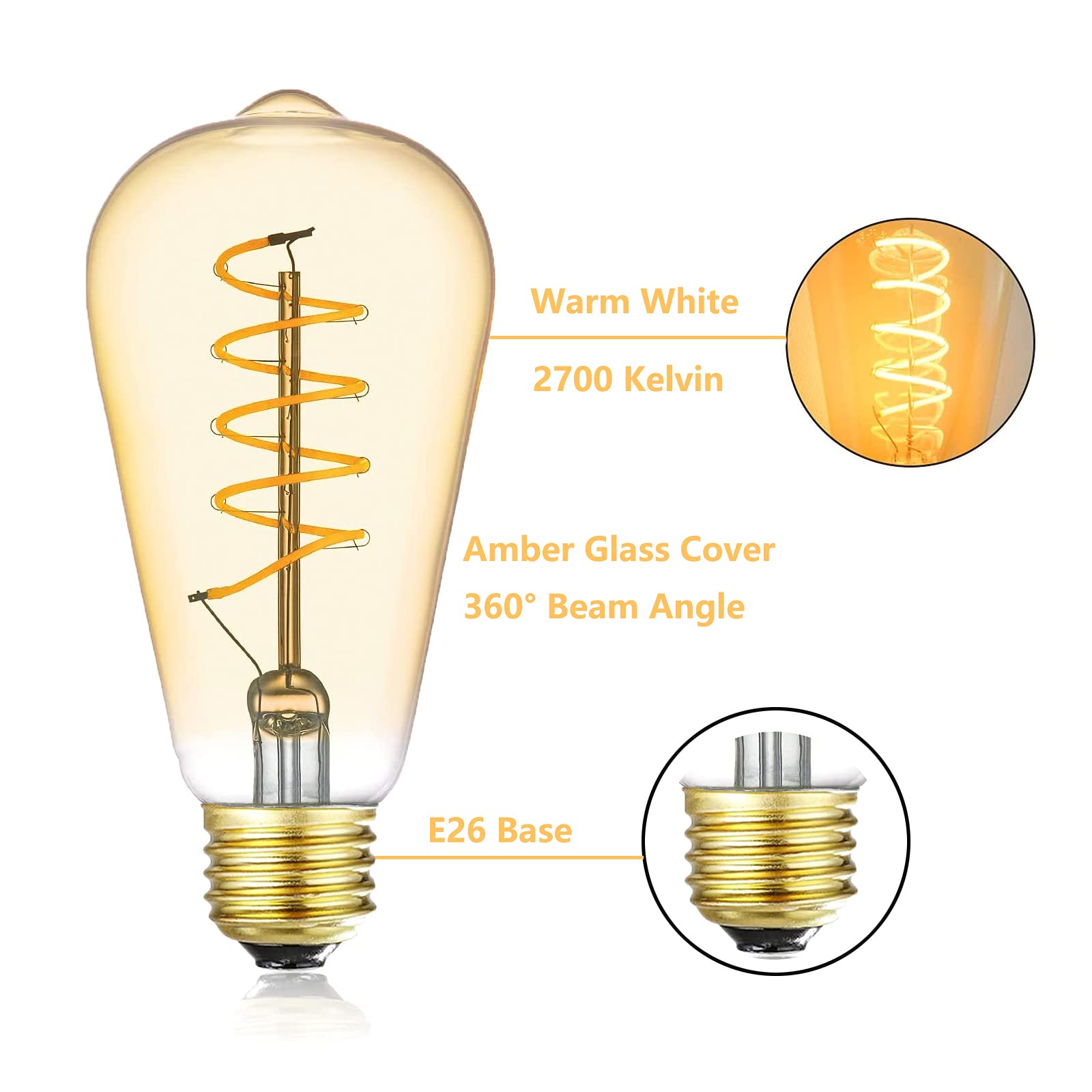 12V Led Edison Bulbs 40W Equivalent, Low Voltage 4W Vintage Style Spiral Led Filament Light Bulbs, E26 Medium Base, Warm White 2