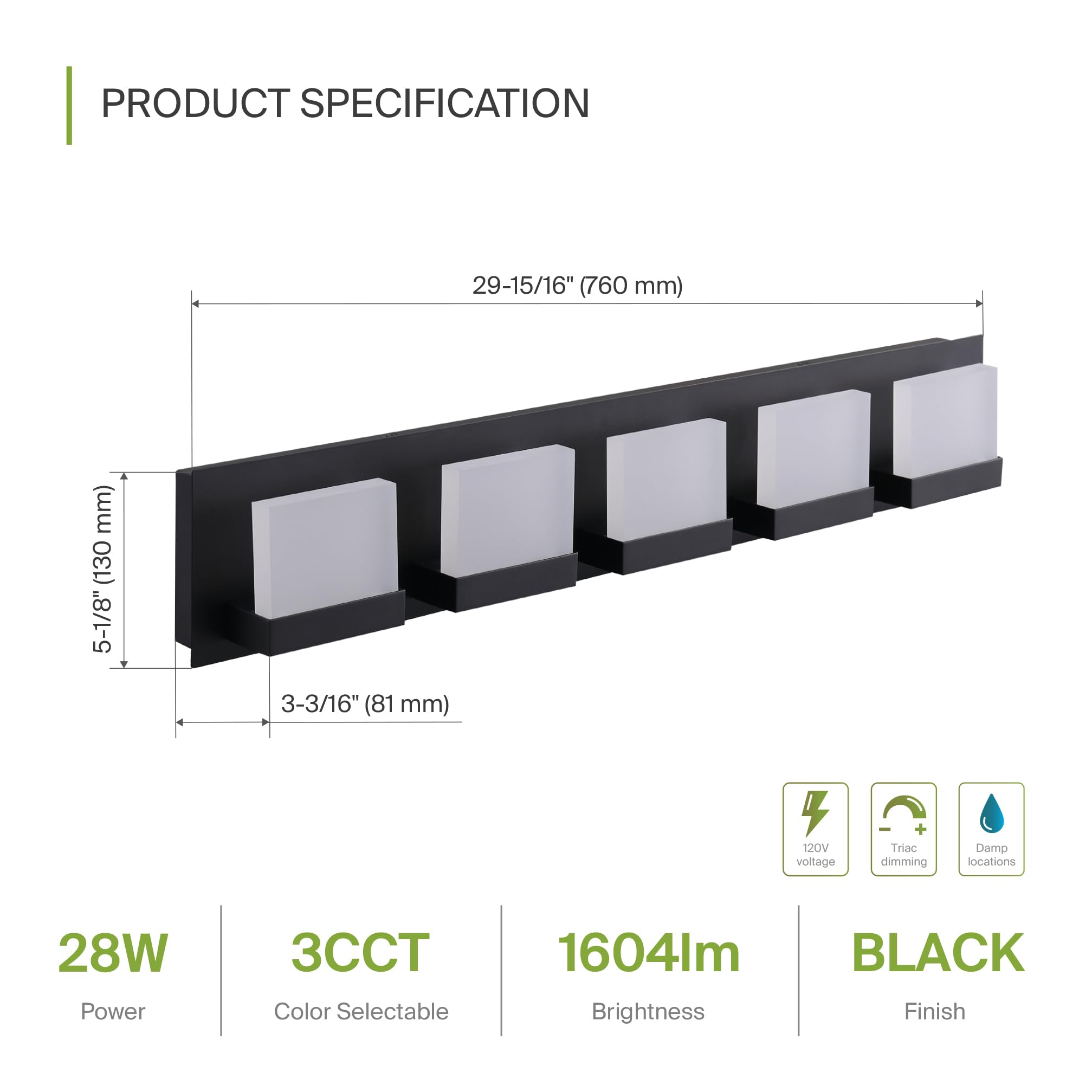 ASD LED Bathroom Vanity Light Fixture, 5-Lights, Dimmable, ETL Listed, 30 Inch, Black, 2 Pack, Model A-LVF24M-5D28