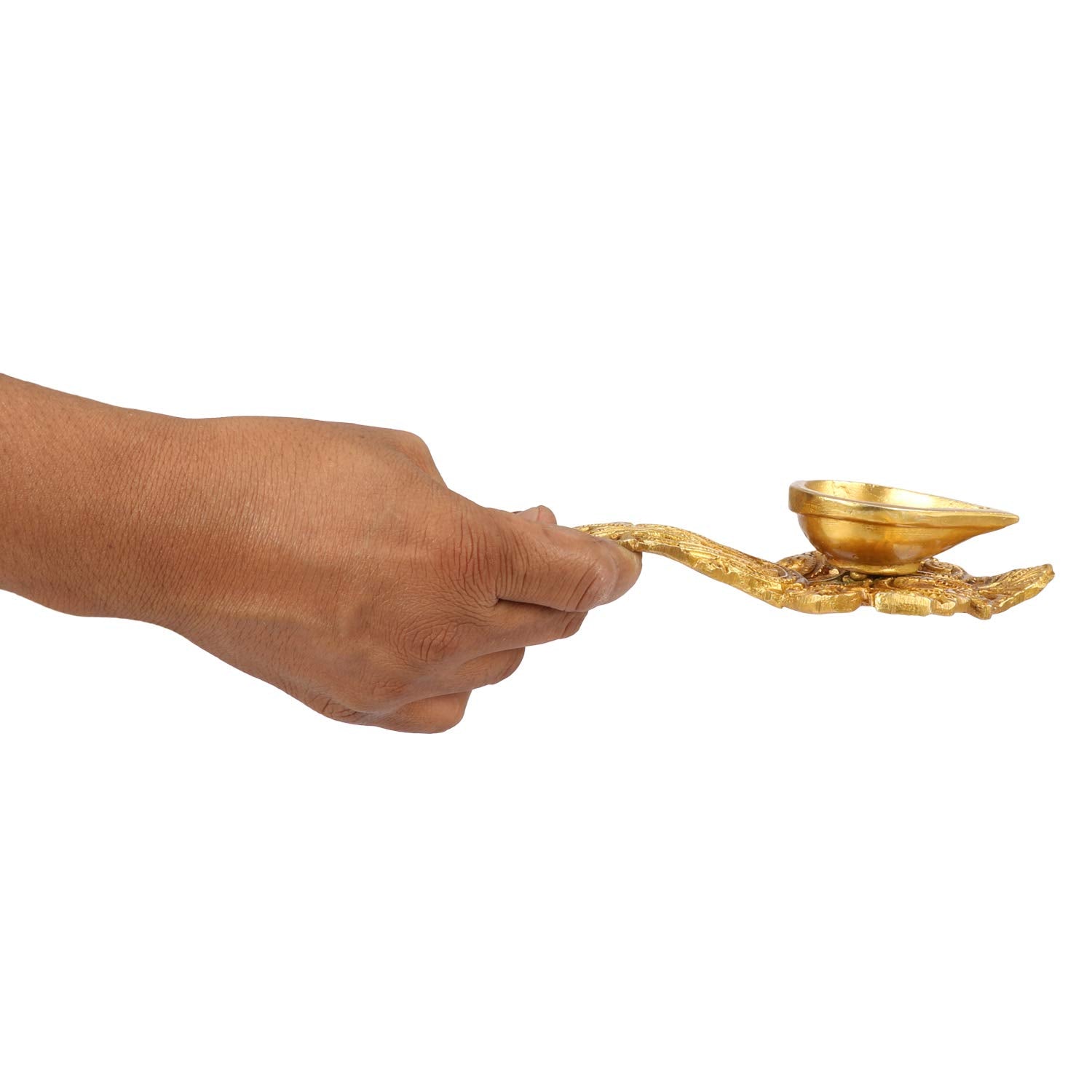 Kartique Brass Hand Held Puja Aarti Oil Diya with Long Handle (Gold_4 Inch X 7 Inch X 1.5 Inch)
