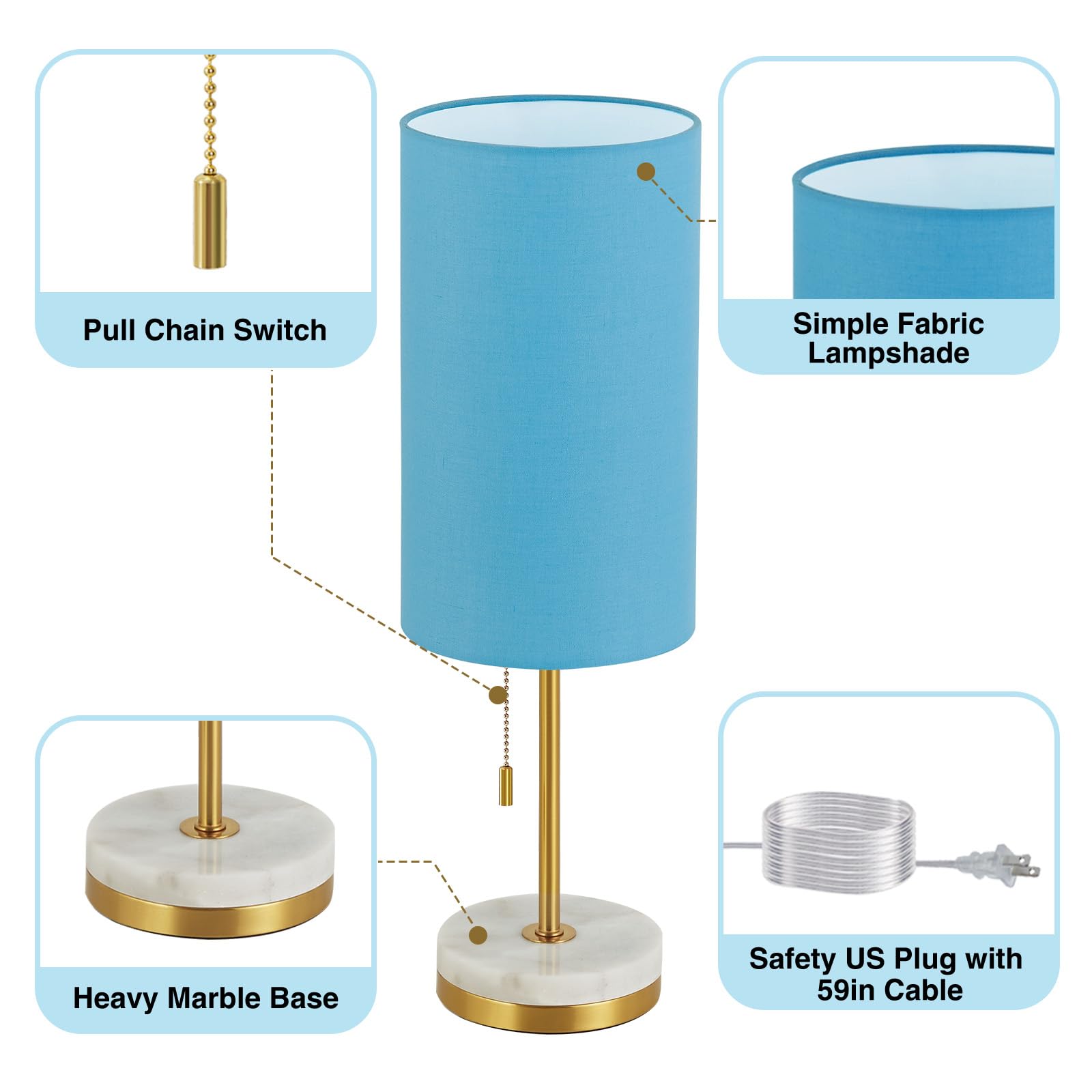Luvkczc Minimalist Table Lamp Set of 2, Small Fabric Shade, Marble Base, Blue, Model 066