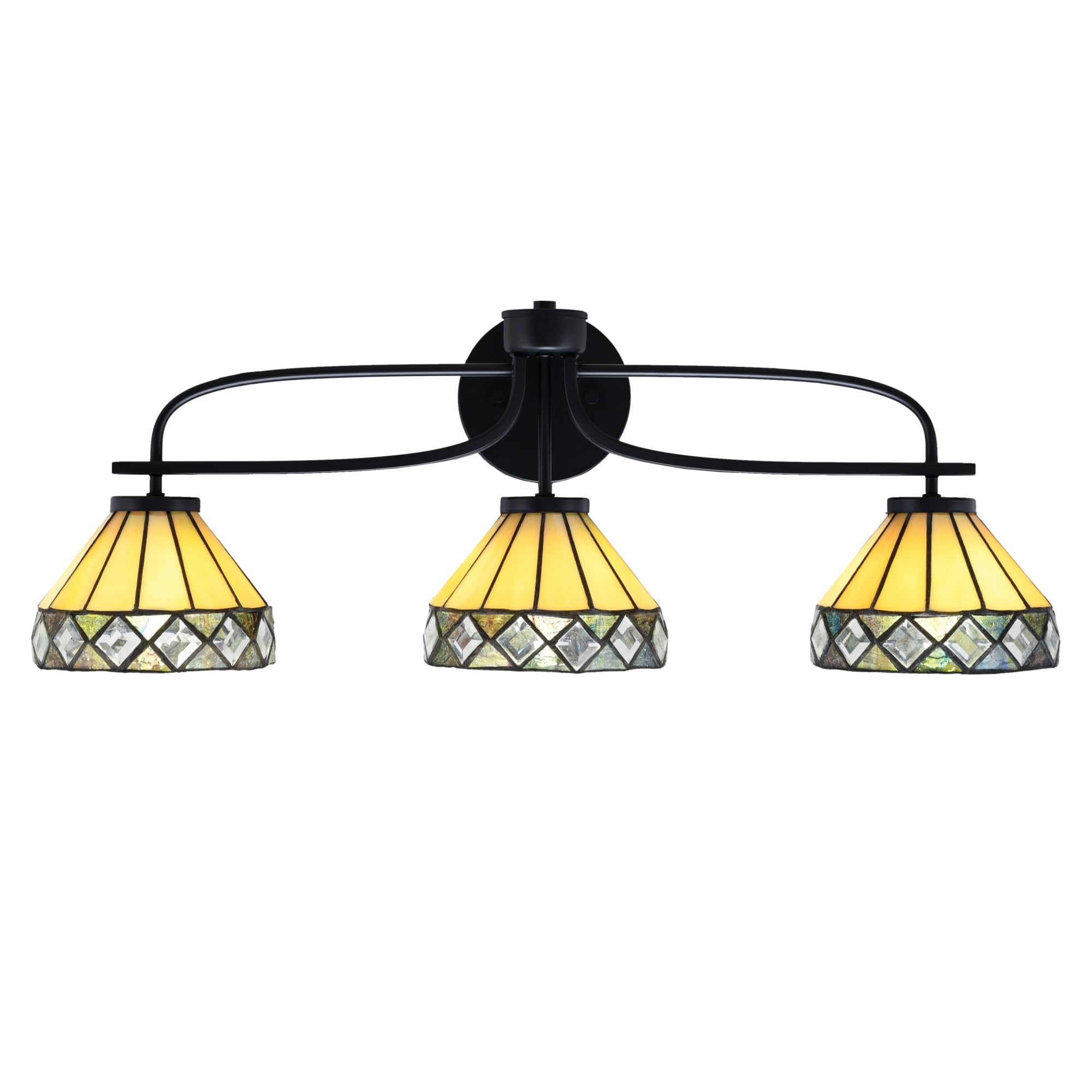 Cavella 3 Light Bath Bar Shown In Matte Black Finish With 7" Diamond Peak Art Glass