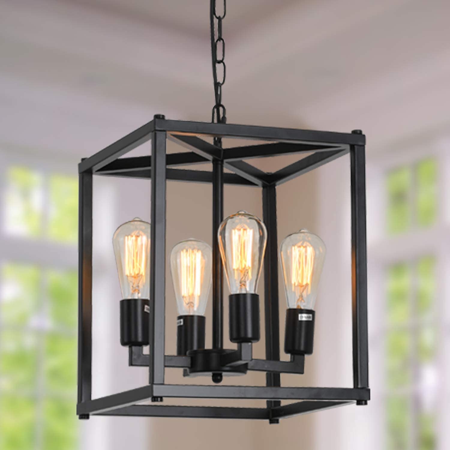 Lanhall 4-Light Farmhouse Chandelier, Adjustable Height, Metal Cage, Black Pendant Lighting For Kitchen, Dining Room, Living Room, Bedroom