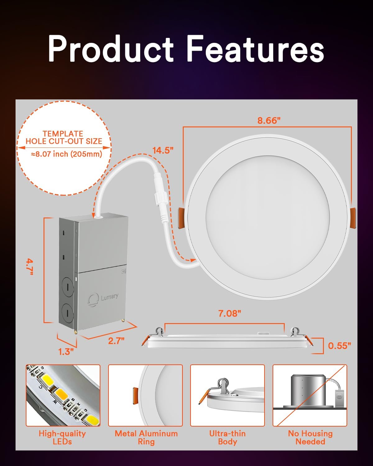 Lumary RGBAI Smart Recessed Lighting, 8 Inch, 18W 1400LM, 4 Pack, Compatible with Alexa/Google Assistant/Siri, Metal Finish