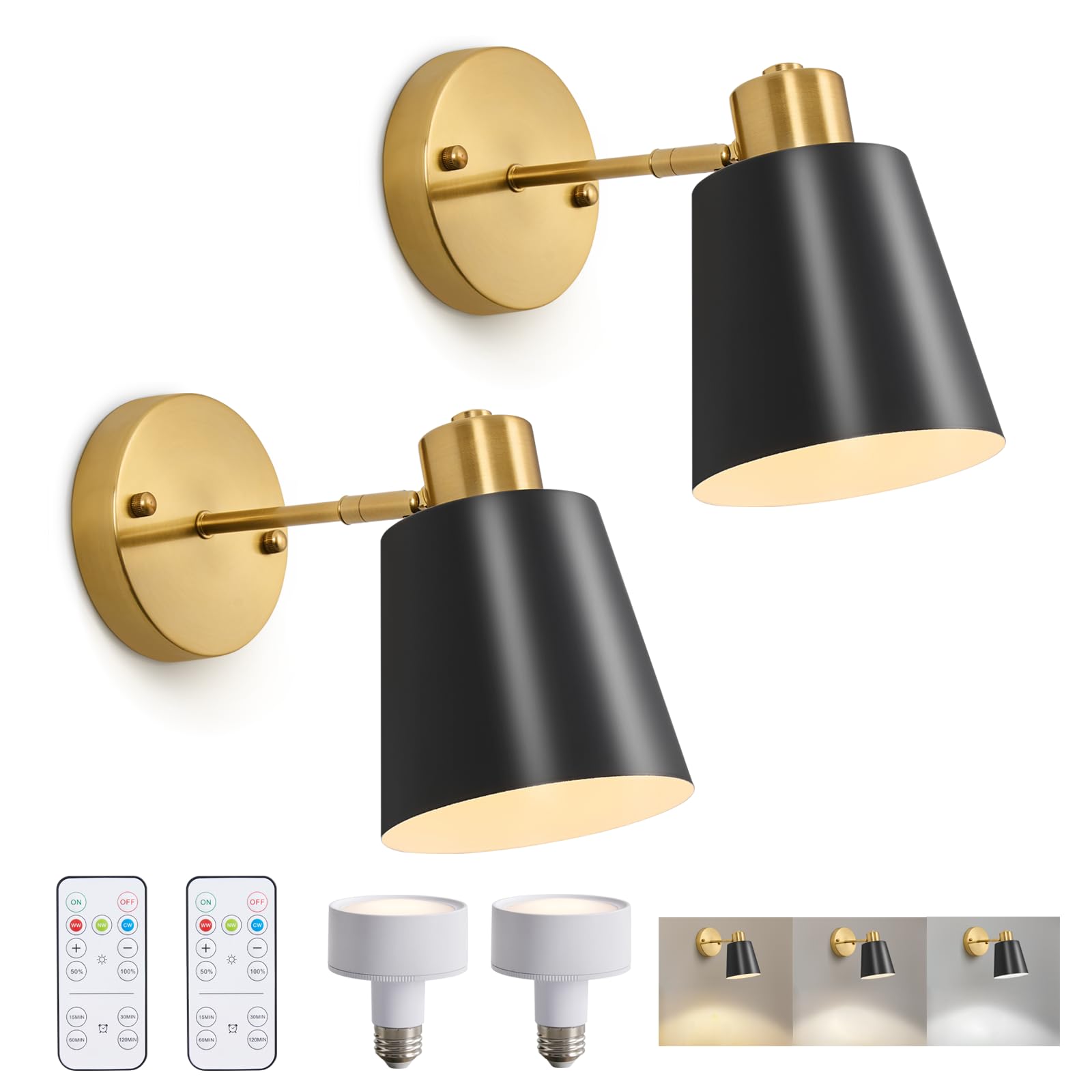 Vitnucrol 2 Pack Black And Gold Magnetic Wireless Battery Operated Wall Sconces, Dimmable Battery Powered Wall Decor Set Of 2, Cordless Wall Light Lamp With Remote Control For Bedroom Living Room