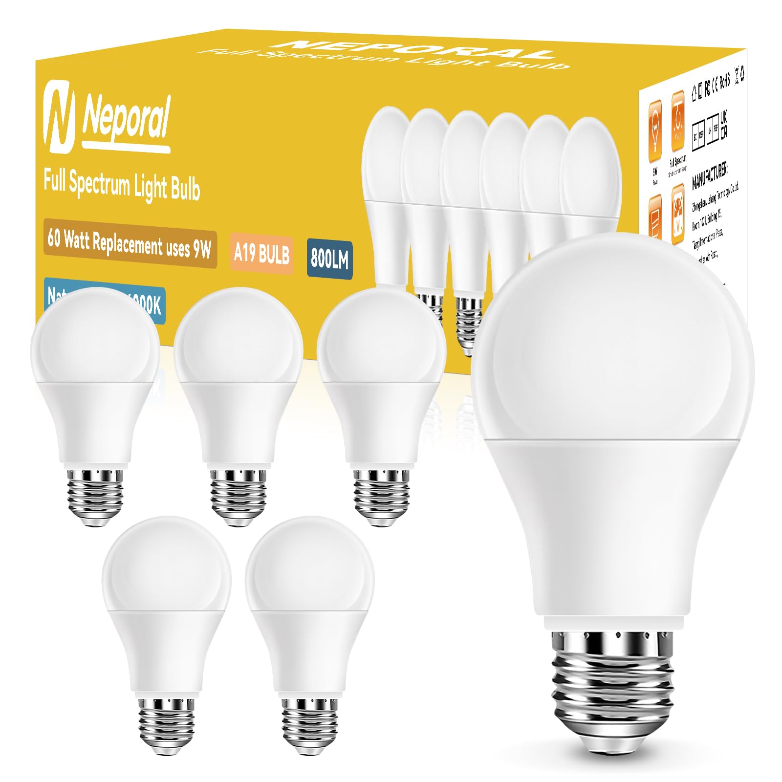 Full Spectrum Light Bulb, 6000K Natural Sunlight Bulbs, 9W 60W Equivalent Led Light Bulb, Natural Light Bulbs A19, E26/E27 Led L