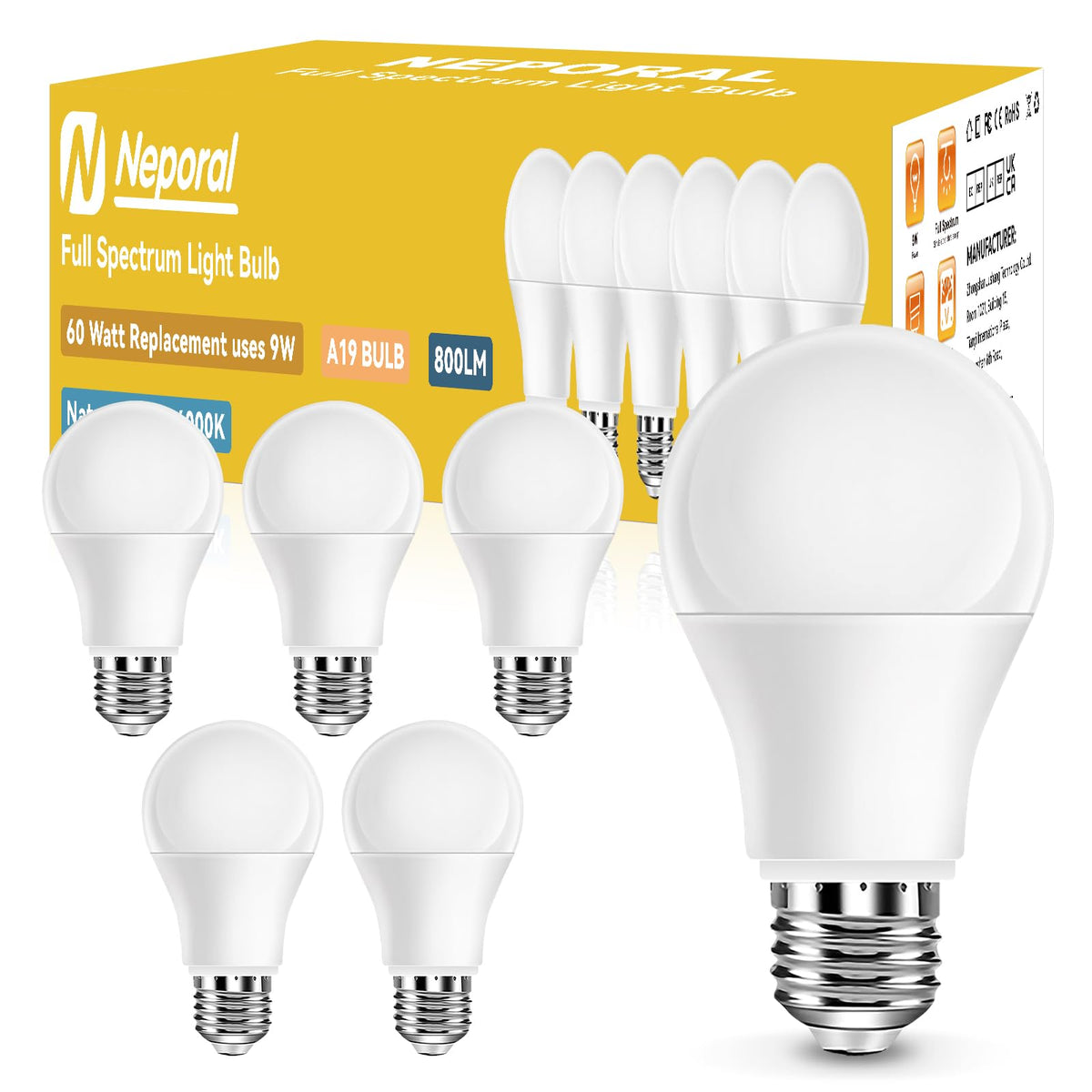 Full Spectrum Light Bulb, 6000K Natural Sunlight Bulbs, 9W 60W Equivalent Led Light Bulb, Natural Light Bulbs A19, E26/E27 Led L