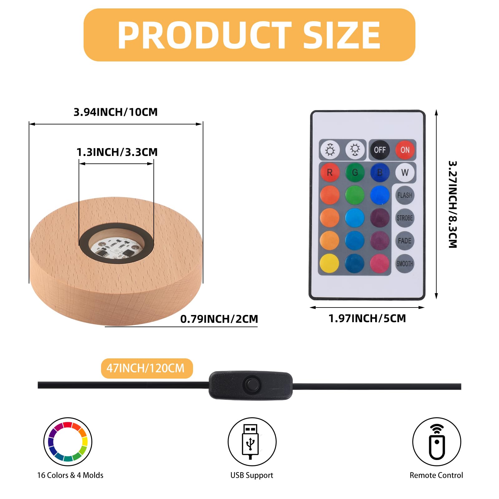 Myouke 4 Inch Led Light Base Display Base Round Lighted Display Stand,16 Colored Usb Light Table Light Base Wood Crystal Light G