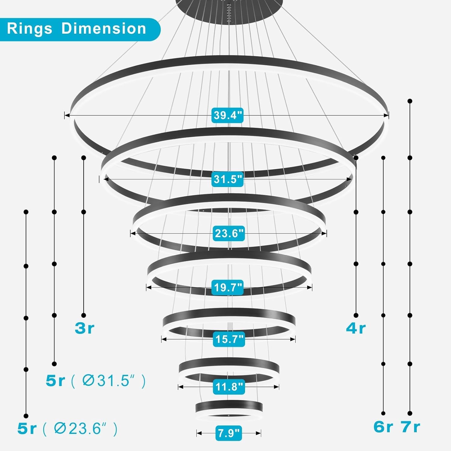 Led Chandelier,Modern Led Chandelier, 5 Rings Black Chandelier For Dining Room,Dimmable With Remote,Acrylic Adjustable Circle Chandelier Lighting Fixture Ceiling Hanging Modern Led Pendant Light