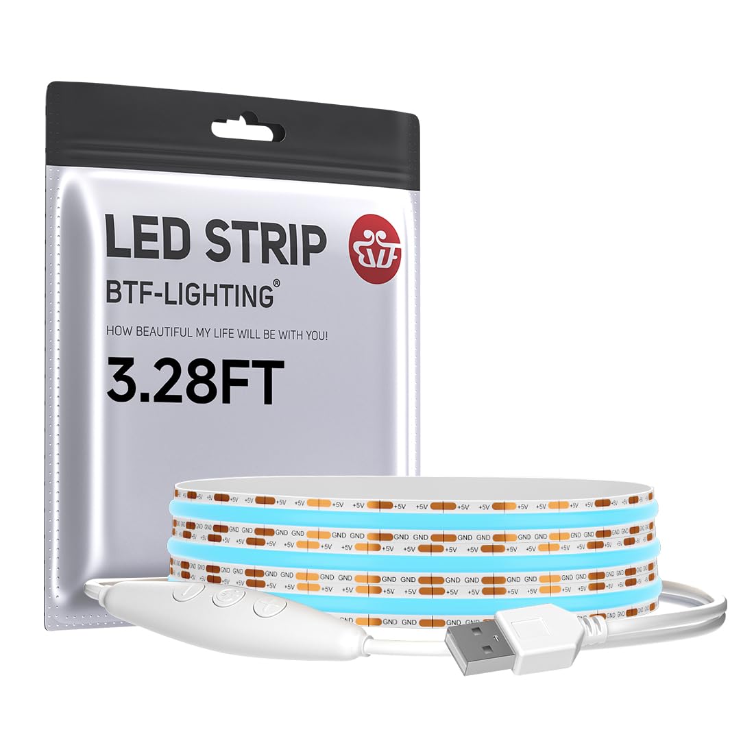 BTF-LIGHTING FCOB COB FOB LED Band Lights 5V USB Powered 3.28FT 320LEDs Ice Blue 8mm Width Dimmable CRI 90+ with 3M Tape Flexible High Density for 3D Printer TV Backlight PC DIY Decor