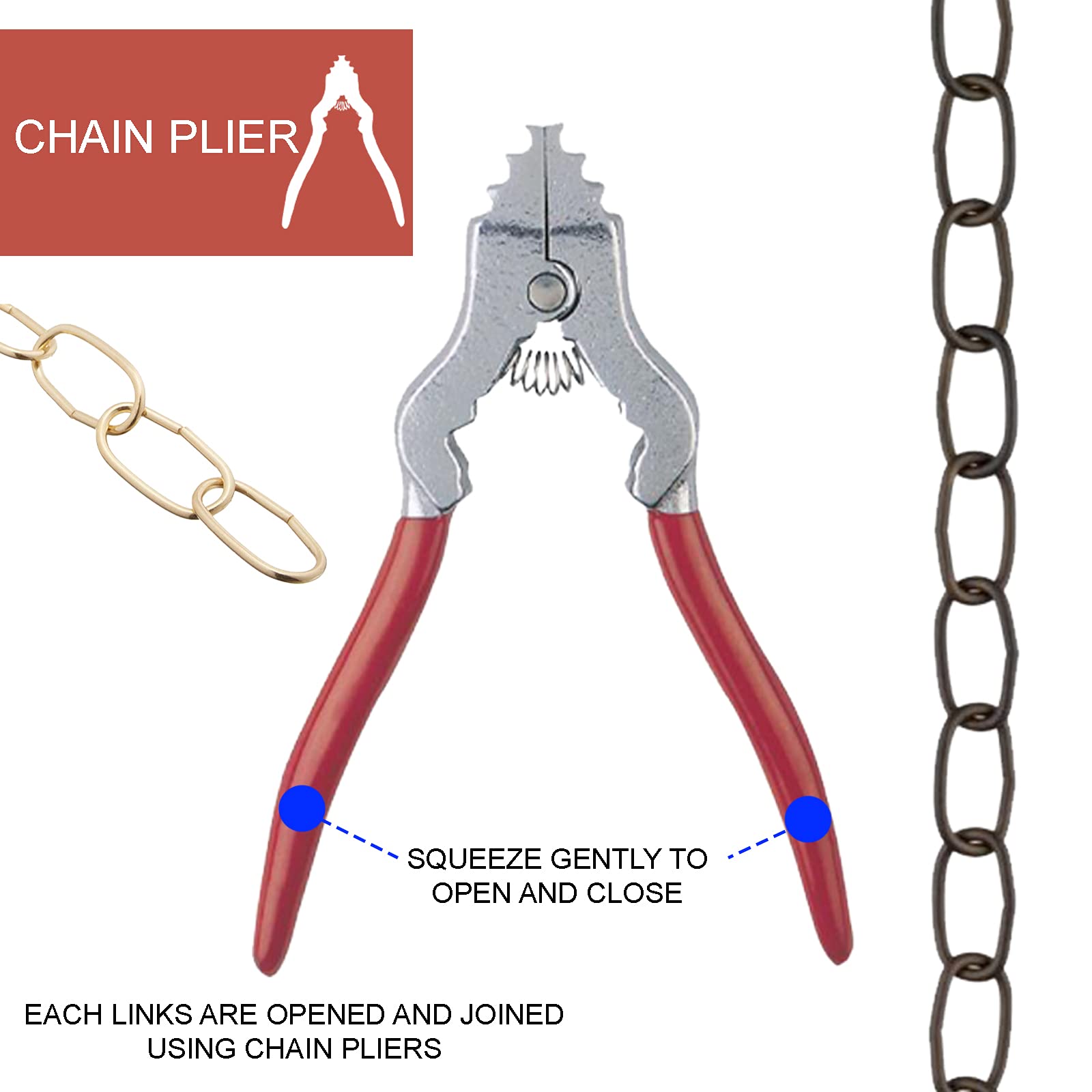 Ciata Chain Pliers - Spring Loaded Metal Tool with Red Vinyl Grip, Silver Finish, Model Ciata*
