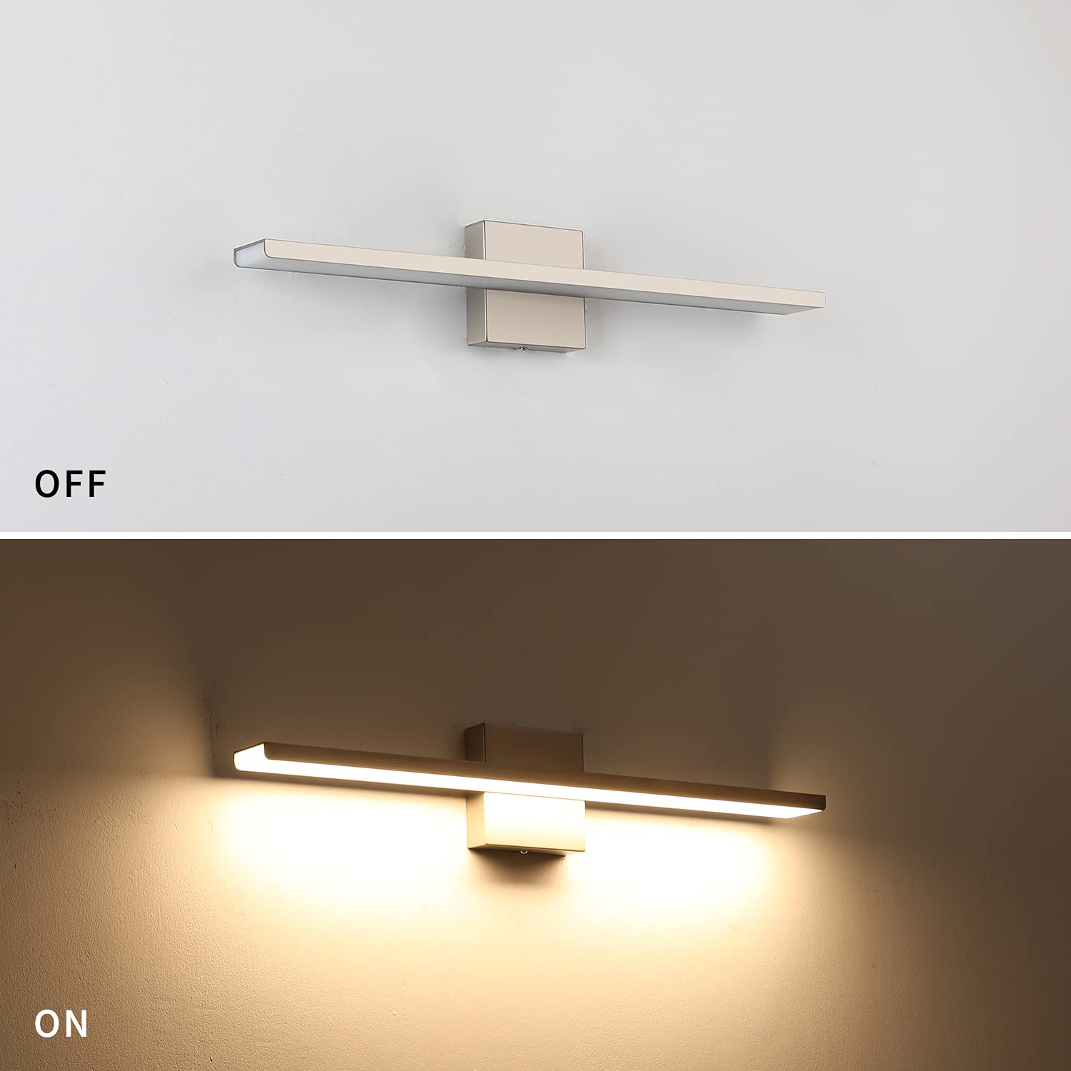 JUSHENG Brushed Nickel Bathroom Vanity Light Modern Dimmable Vanity Light Bar LED Bathroom Lighting 24 Inch 24W 3000K Warm White