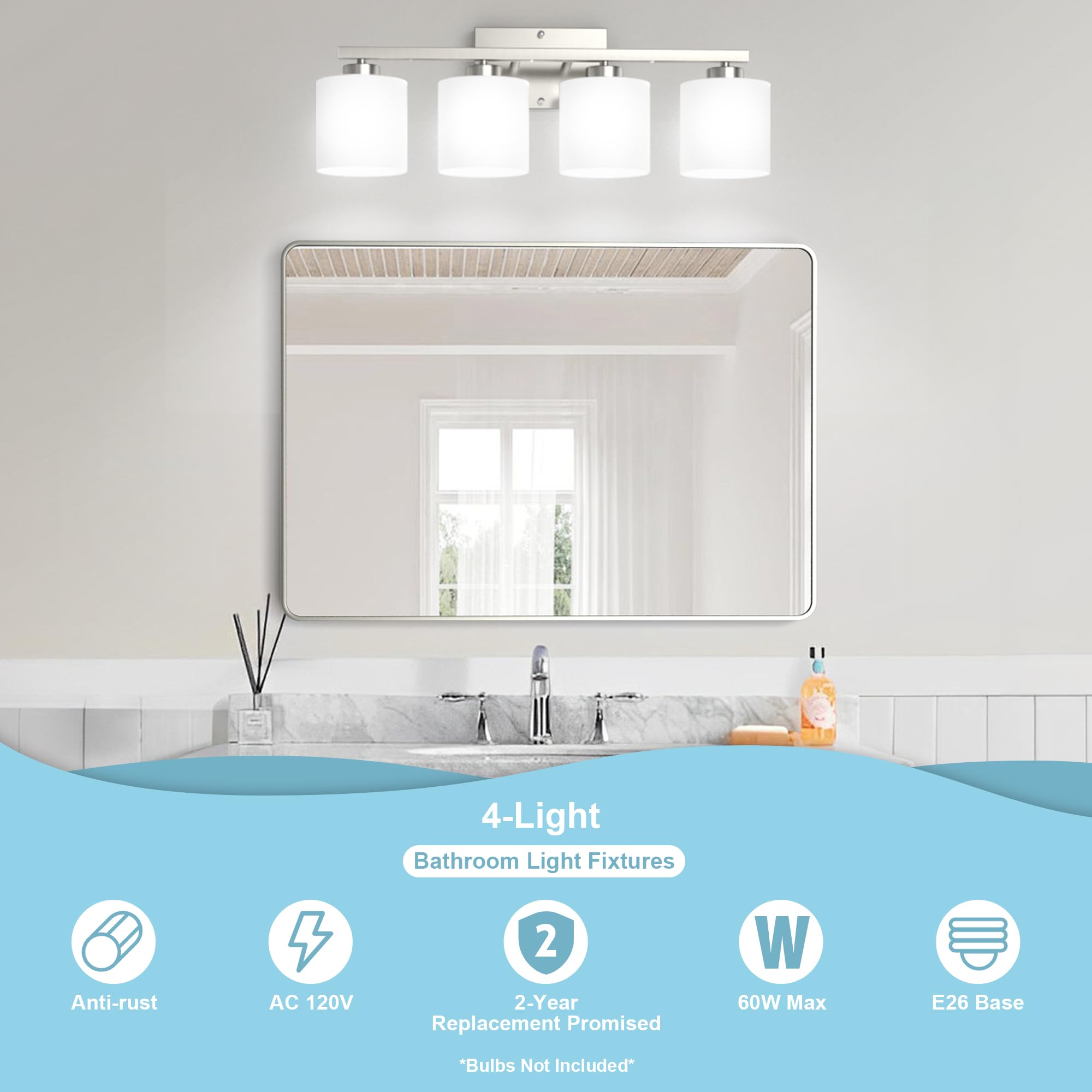 Honesorn 4-Light Bathroom Vanity Light Fixtures Brushed Nickel Modern Design with Frosted Shade E26 Base Model TK-JQD-MS-YS-4
