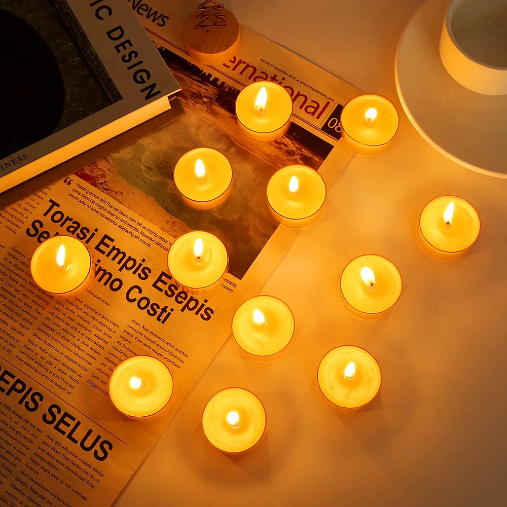 LJQizn Beeswax Tealight Candles, 24pcs Unscented, Handmade, Yellow, Perfect for Parties, Weddings, Home Decor